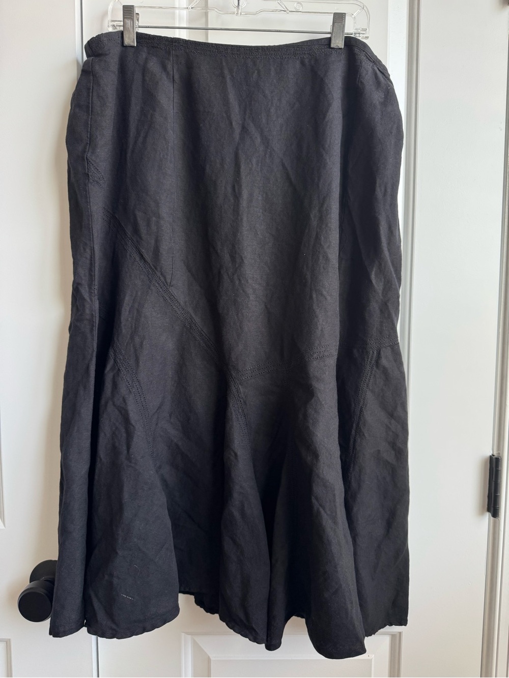 Black Linen Blend Paneled Flared Midi Skirt 2X